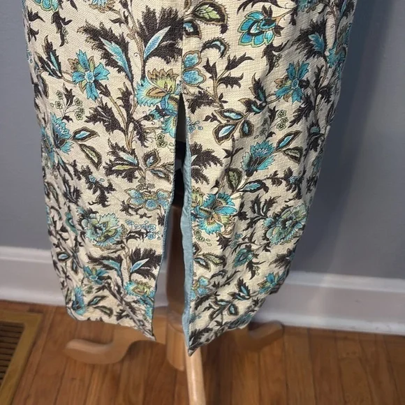 Helen Cherry Silk Dress Blue Brown Floral Side Slit Size 12 - Picture 5 of 13